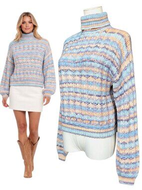 Zara Turtleneck Sweater Blue Pastel Striped Knit Pullover S